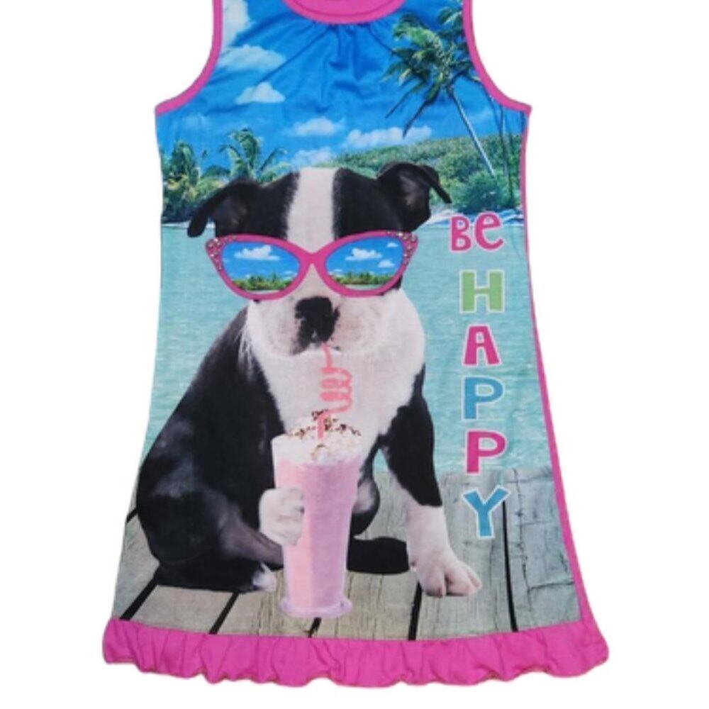 Girls Sleeveless Nightgown BE HAPPY Summer PUPPY DOG Milkshake Glasses 10/12